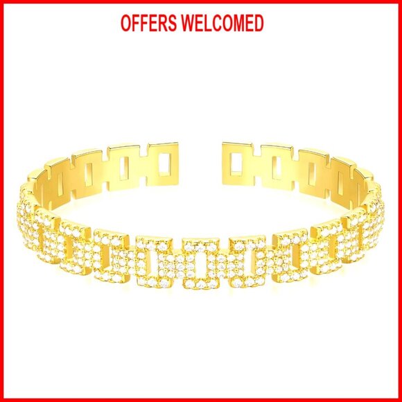Jewelry - 14K Gold Plated Cuff Bracelet, Adjustable Open Bangle, Cubic Zirconia